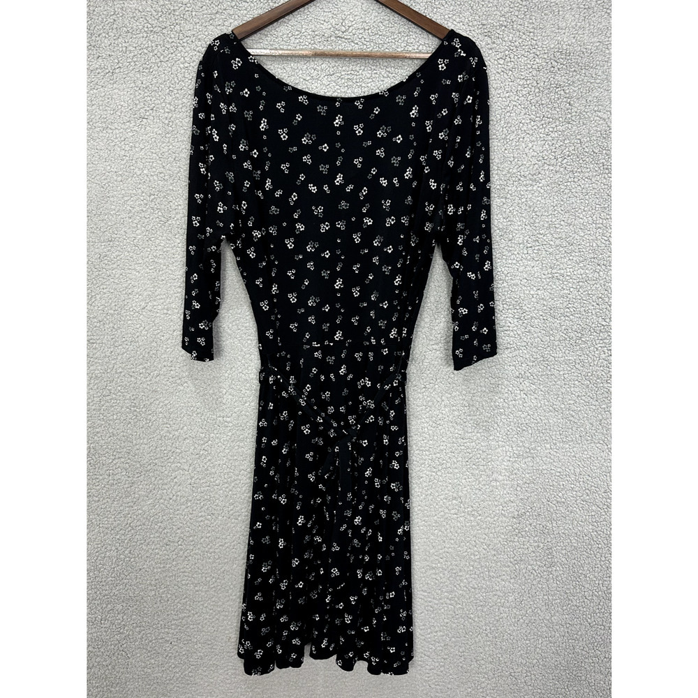 Leota Midi Dress Womens‎ 2L Black Floral 3/4 Sleeve Belted Dainty Feminine Boho